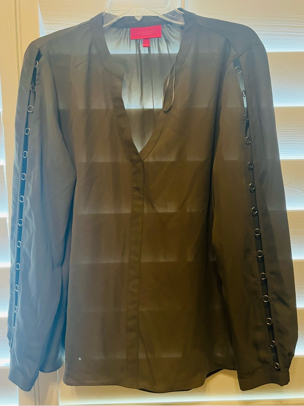 Jennifer Lopez Avacado Sheer V-Neck Blouse with Grommet Sleeve Detail